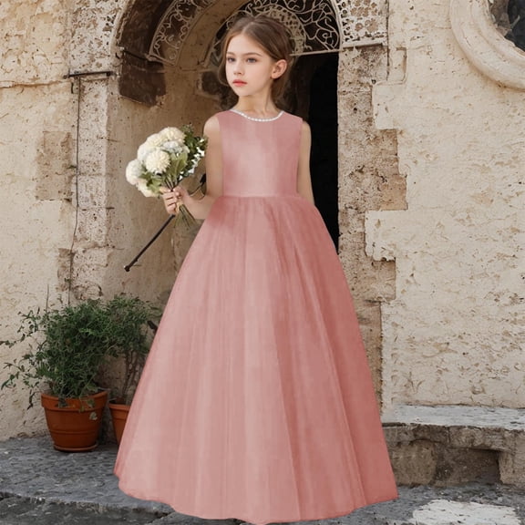 Xdegoge Elegant Toddler Girls Dress Maxi Ball Gown Sleeveless Kids Summer Dress Tulle Solid Pearl Wedding Guest Pageant Party for Teen