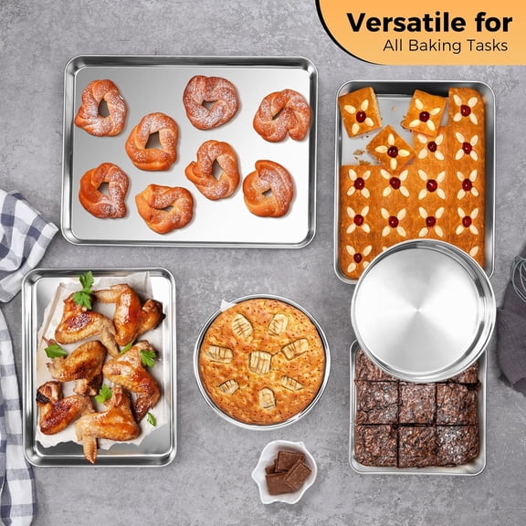 Stainless Steel Baking Pan Set, 6-Piece Metal Bakeware Sets Include Cookie Sheet, Round Square Rectangle Cake Pans, & Dishwasher Safe