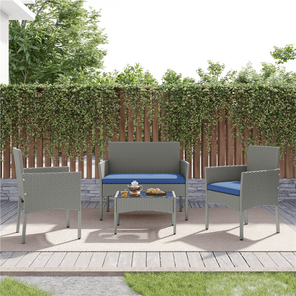 Renwick 4-Piece Outdoor Reception Set with Sofas and Coffee Table, Gray/Dark Blue