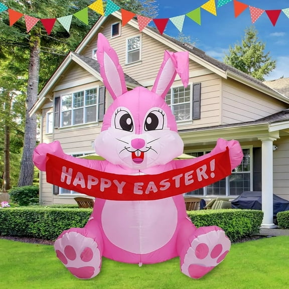 5FT Easter Pink Bunny Inflatable Lighted Yard Decorations, LED Blow up Rabbit with Built-in Lights, Durable Waterproof Outdoor Stake & Rope Set