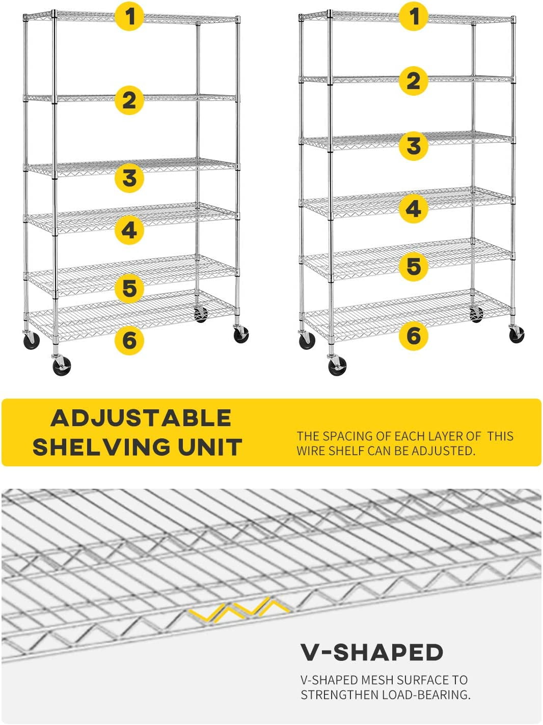 FDW Commercial 6 Tier Shelf Adjustable Steel Wire Metal Shelving Rack,18 x 48 x 72,Chrome