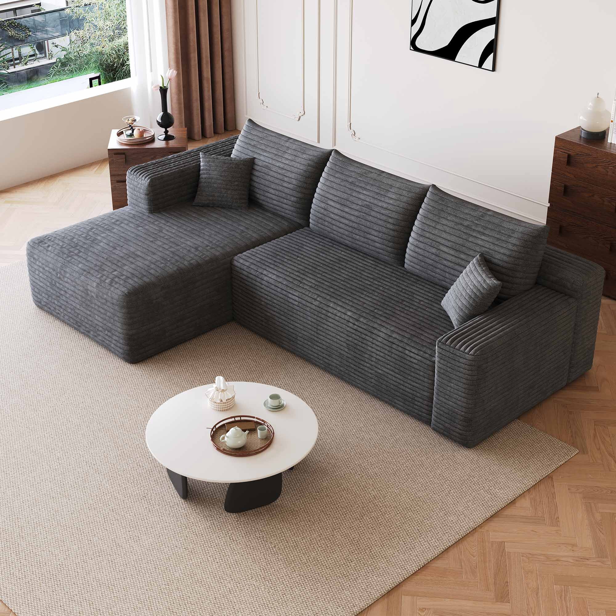 Lunale 95" L-Shaped Modular Sectional Sofa, No Assembly Required, Boneless Corduroy Cloud Couch for Living Room, Gray(Left Facing Chaise)