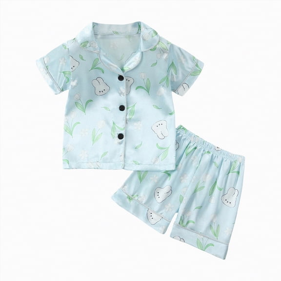 Gubotare Toddler Summer Pajamas Girl Pajama Set for Girls Print Short Sleeve Button Shirt Shorts Homewear 4T 5T (Mint Green,4-5 Years)
