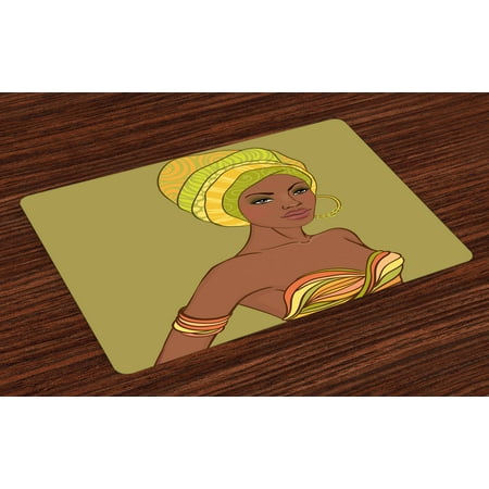 African Woman Placemats Set of 4 Beautiful Native Fashion Lady Portrait Sexy Dress Earring Turban Make Up, Washable Fabric Place Mats for Dining Room Kitchen Table Decor,Multicolor, by