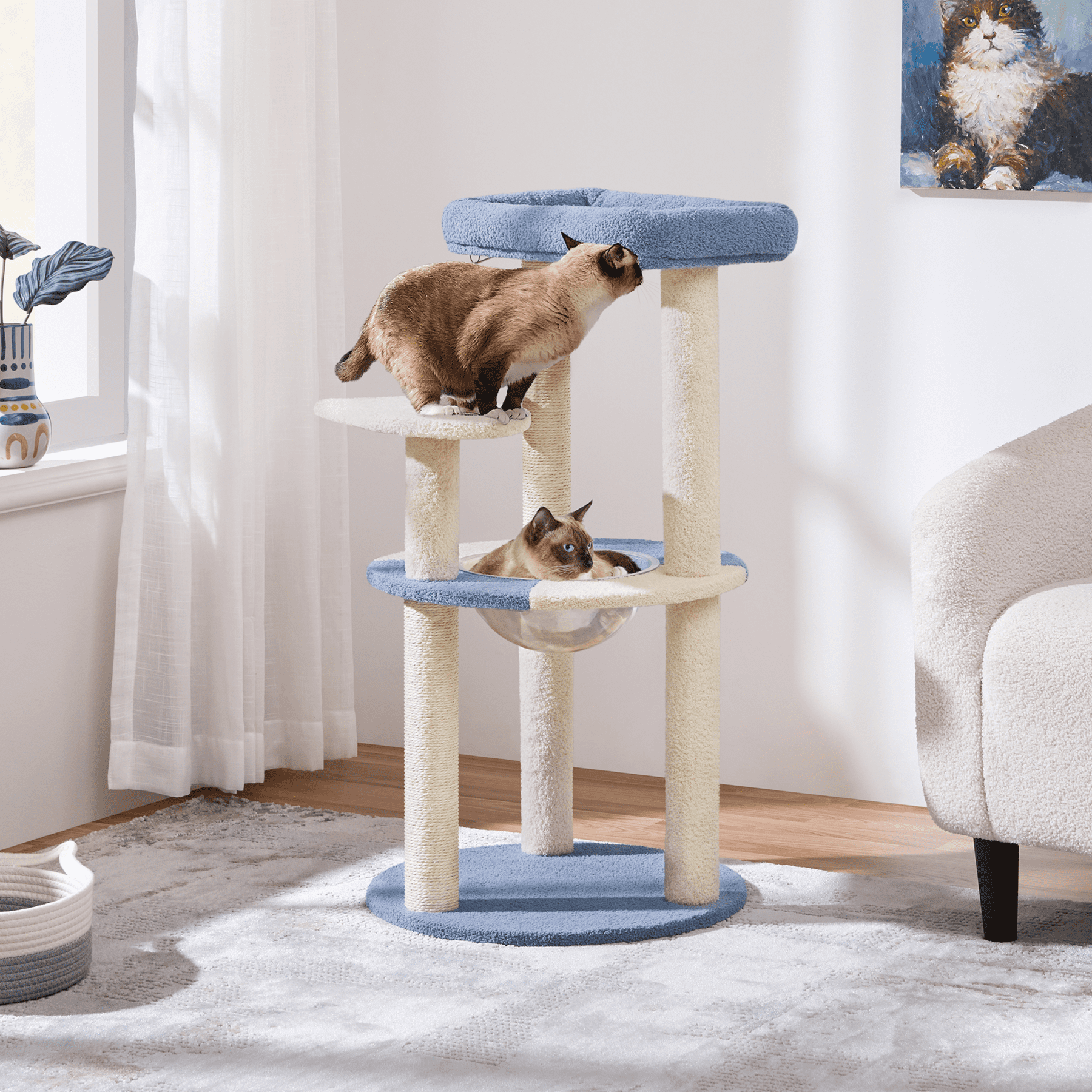 Yaheetech 35.6″ Tall Ocean Cat Tree with Detachable Clear Bowl, Blue/Beige