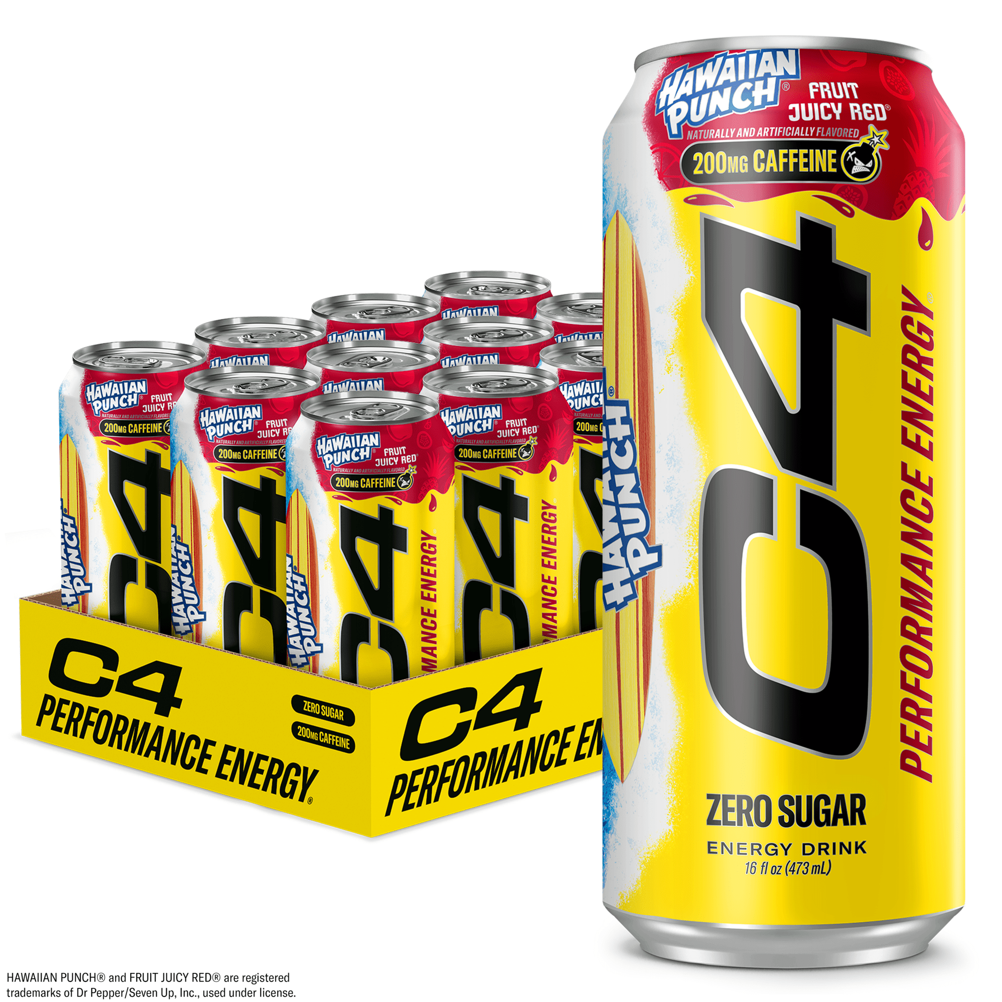C4 Performance Energy Drink, Hawaiian Fruit Punch Juicy Red Flavor, Zero Sugar, Carbonated, 16 fl oz Can, 12 Pack