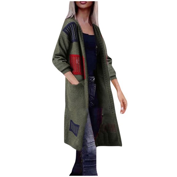 HTNBO Women's Long Shirt Jacket With Pocket Color-Blocked Geometric Patterns Long Jacket Loose Outerwear