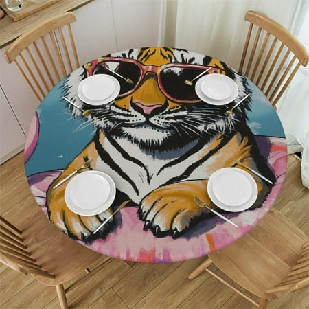 

Patifu Tiger Flamingo Sunglasses Round Tablecloth Stain-Resistant Washable Elastic Edge Tablecloth for Home Restaurants Weddings Parties 46 -50