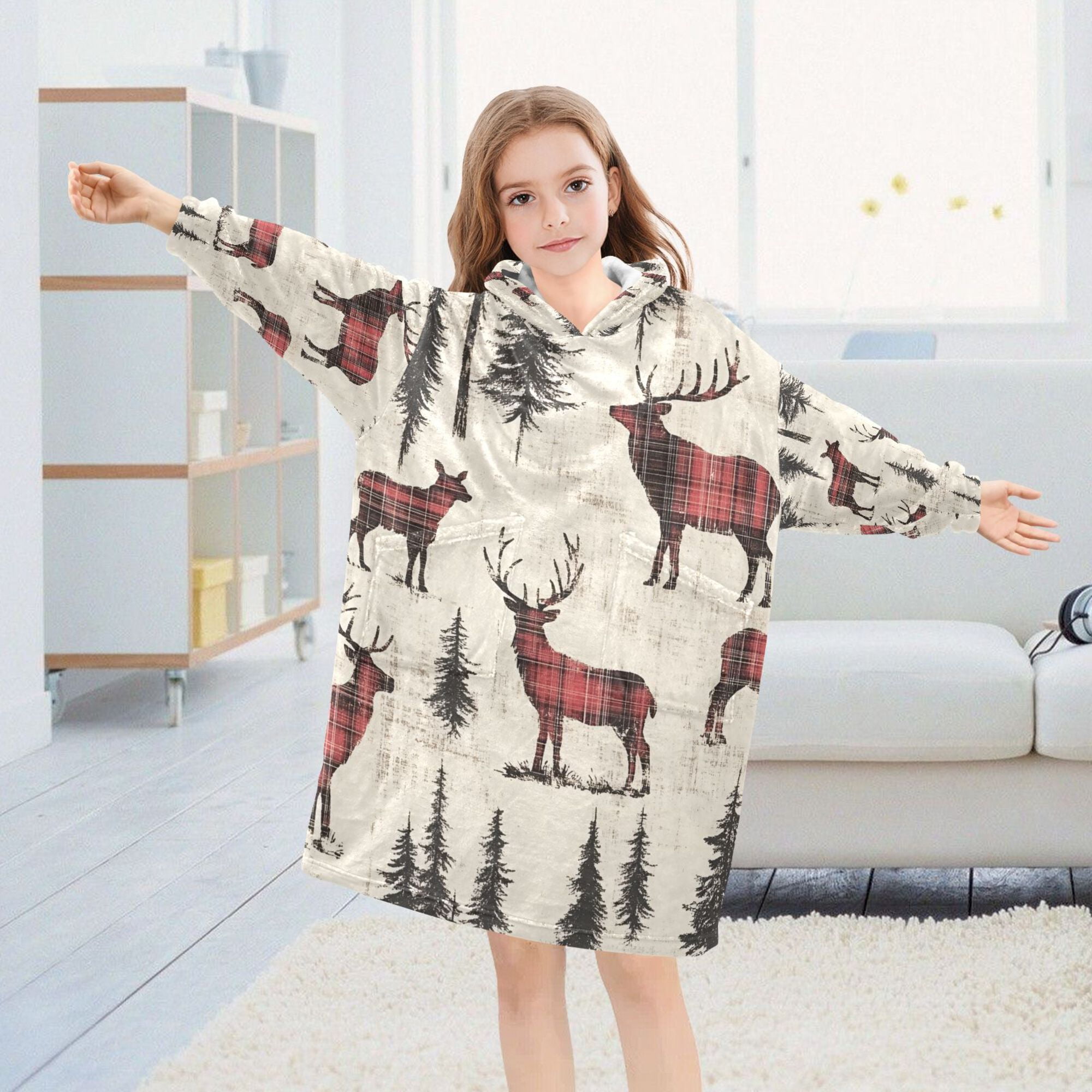 FORMRS Wearable Blanket Hoodie with Sleeves for Kids Cozy Flannel Sweatshirt, Plaid Deer