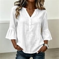 thumbnail image 2 of hoksml Women's V Neck Partial Button 3/4 Bell Sleeve Blouse, Curved Hem Linen Texture Casual Tunic Top for Office Daily Wear, 2 of 8