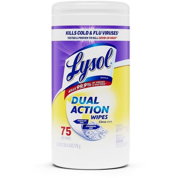 Lysol Dual Action Wipes - Wipe - Citrus Scent - 7.25" Width x 7" Length - 75 / Canister - 1 Each - White/Purple | Bundle of 2 Each
