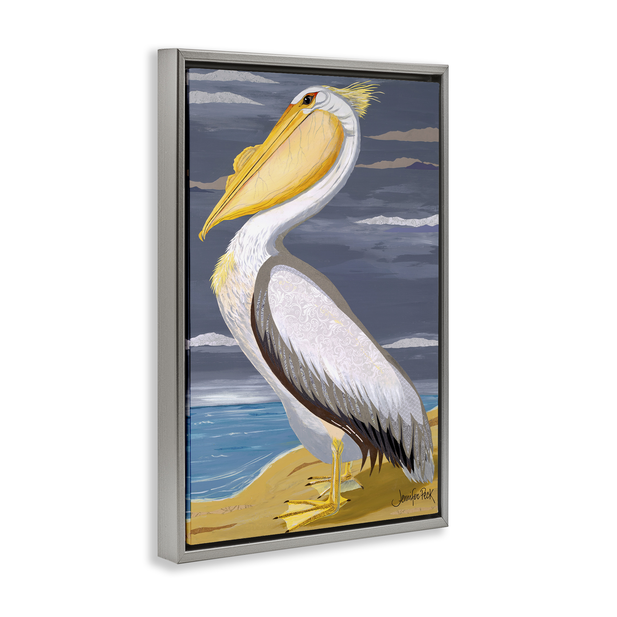 Stupell Industries White Pelican on Shore Animals & Insects Painting Gray Floater Framed Canvas Art Print Wall Art, 17 x 25