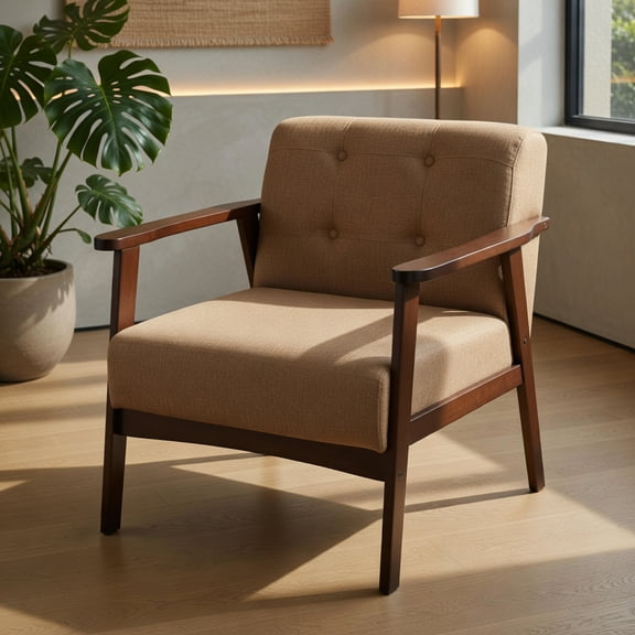 Resenkos Rubber Wood Frame Accent Chair with Armrest, Mid-Century Comfort Chair for Living Room, Bedroom, Beige