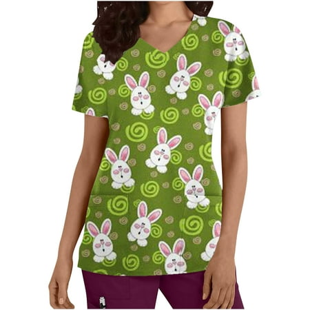 

HAPIMO Nurse Working Uniform for Women Dressy Casual Tunic T-Shirts V-Neck Pullover Easter Cute Bunny Print Tops Scrub Pocket Blouses Short Sleeve Tees Green M Discount