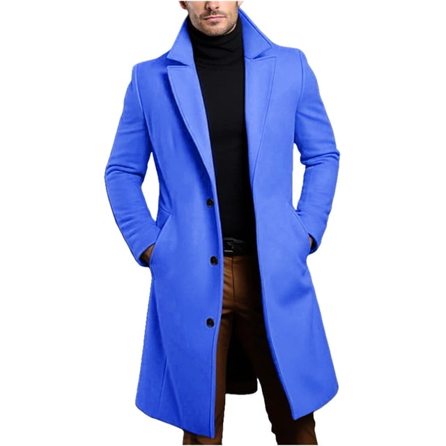 Lovzfmll Men's Wool Blend Trench Coat Notched Lapel Side Pockets Mid-Length Blue, L