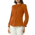 thumbnail image 6 of MODA NOVA Juniors Ruffled Trim Button Down Stand Collar Long Sleeve Blouse Top Caramel M, 6 of 7