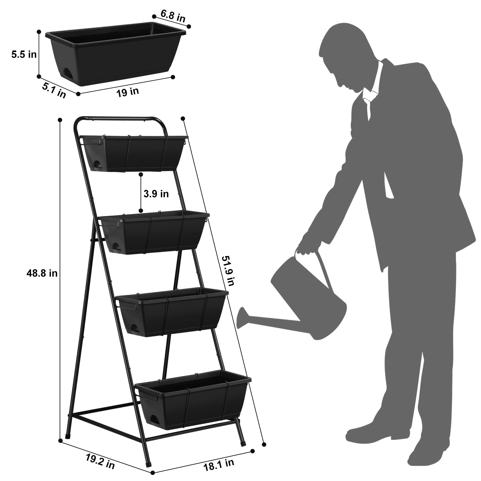 Outdoor 4-Tier Planter Rack with Drainage Holes and Removable Tray Brick Black Metal