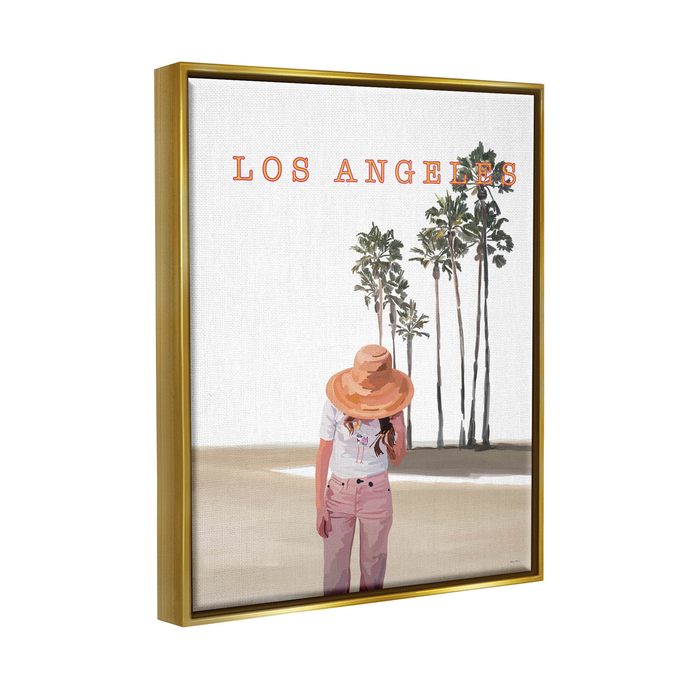 Stupell Industries Trendy Summer Girl Los Angeles Scenery Graphic Art Metallic Gold Floating Framed Canvas Print Wall Art, Design by Amelia Noyes