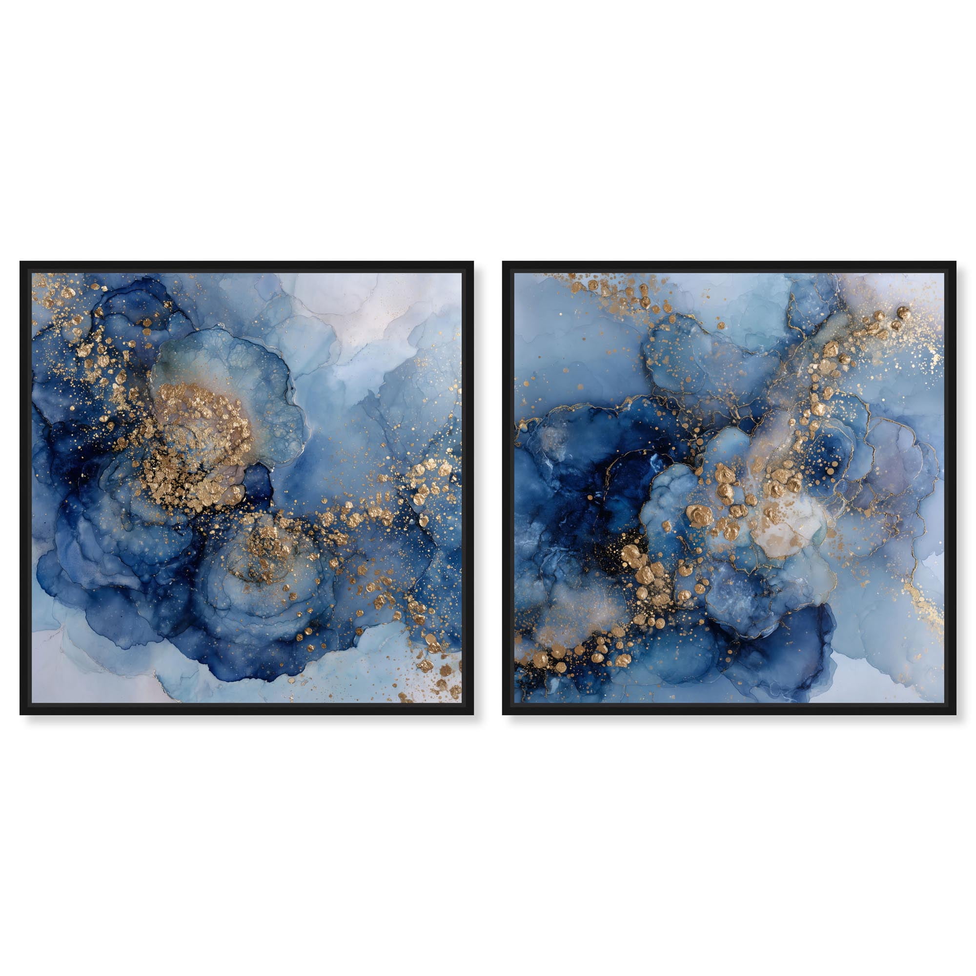 Sapphire Dust Radiance Diptych Pair Canvas Print Coastal Abstract Art Set by Art Remedy Black Frame 12 x 12