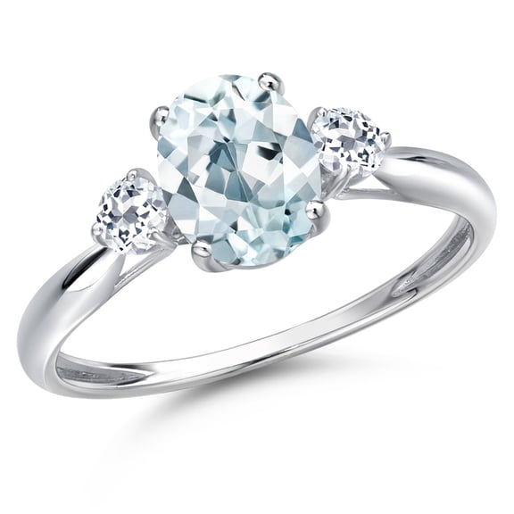 Gem Stone King 10K White Gold Sky Blue Aquamarine and White Topaz 3-Stone Ring for Women | 1.48 Cttw | Oval 8X6MM | Gemstone March Birthstone | Size 8