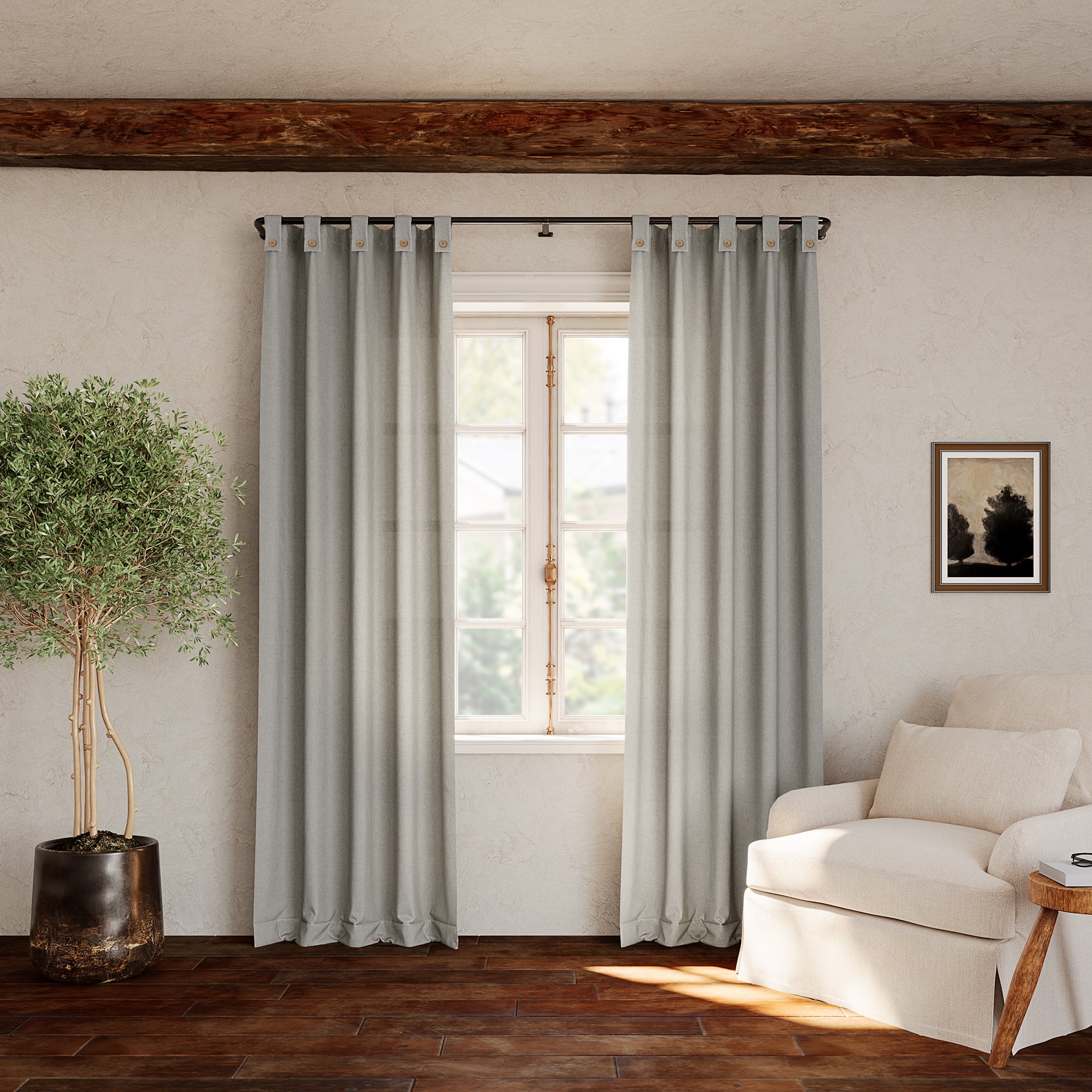 Archaeo  Cotton Blend Button Semi-Sheer  Tab Top Single Curtain Panel, 1 Panel, Gray, 40”W x 63"L