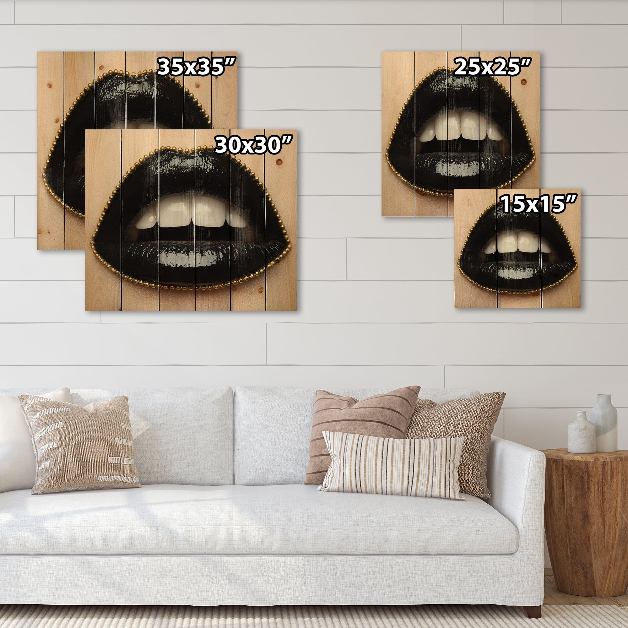Designart 'Woman Lips With Black Lipstick & A Gold Chain' Modern Print on Natural Pine Wood