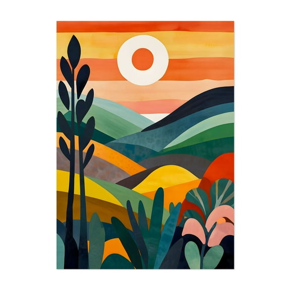 Sunrise Over Rolling Hills - India Painting Abstract Geometric Landscape Sunset Nature Modern Art Unframed Wall Art Print 4 x 6 inches