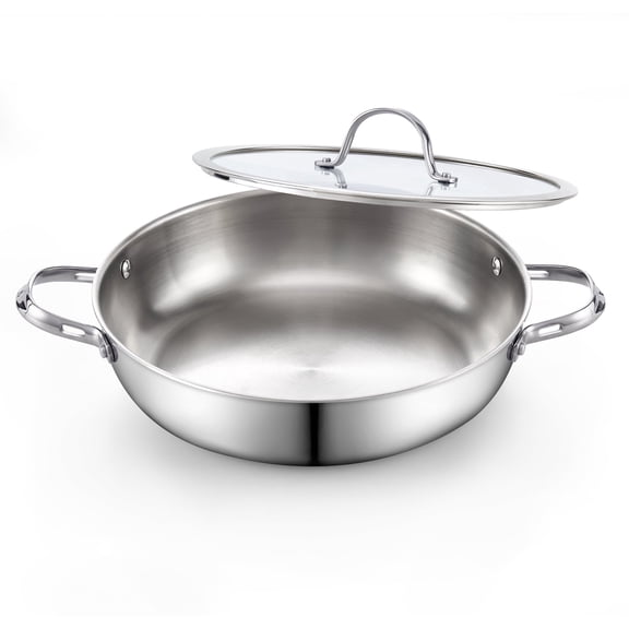 Cooks Standard Multi-Ply Clad 12-Inch Stainless Steel Wok Stir Fry Pan with Glass Lid, Large Stainless Steel Deep Frying Pan, Everyday Chef's Pan Flat Bottom Wok Induction Cookware