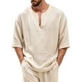 thumbnail image 3 of Mens Beach Shirts Linen 3/4 Sleeve Notch V-Neck Lightweight Breathable Summer Hawaiian Tops Fathers Gift, 3 of 6
