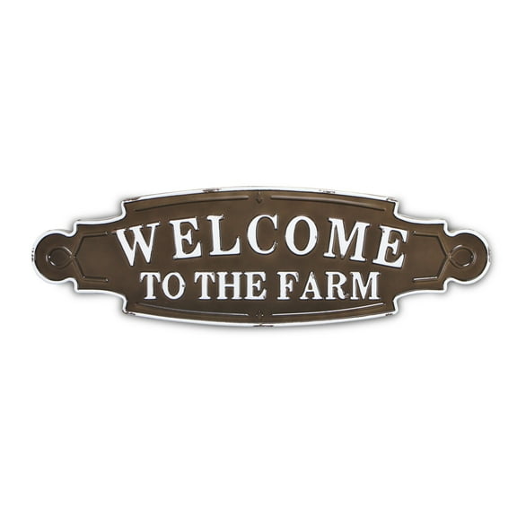 Cheungs Lacquered Brown And White Metal Wall Sign - Welcome To The Farm