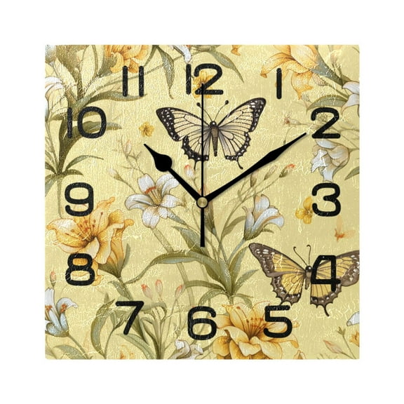 Wall Clock Square Silent Non-Ticking Butterflies in Lily Floral Retro Battery Operated Clock 7.78 inch Home Kitchen Office Decoration