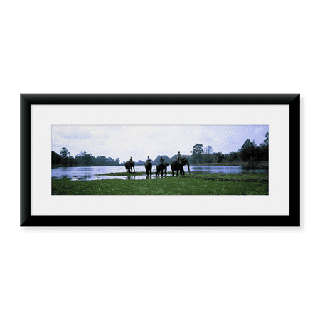 Framed Art Print, Siem Reap River & Elephants Angkor Vat Cambodia by Panoramic Images, 25-7/8" x 9-7/8"