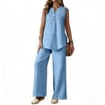 thumbnail image 3 of VBVC Women's 2 Piece Cotton-Linen Outfit Set,Notch Neck Tank Top and Wide Leg Pants For Women,Ladies Button Trim Loungewear with Pockets,Light Blue,S-2XL, 3 of 7