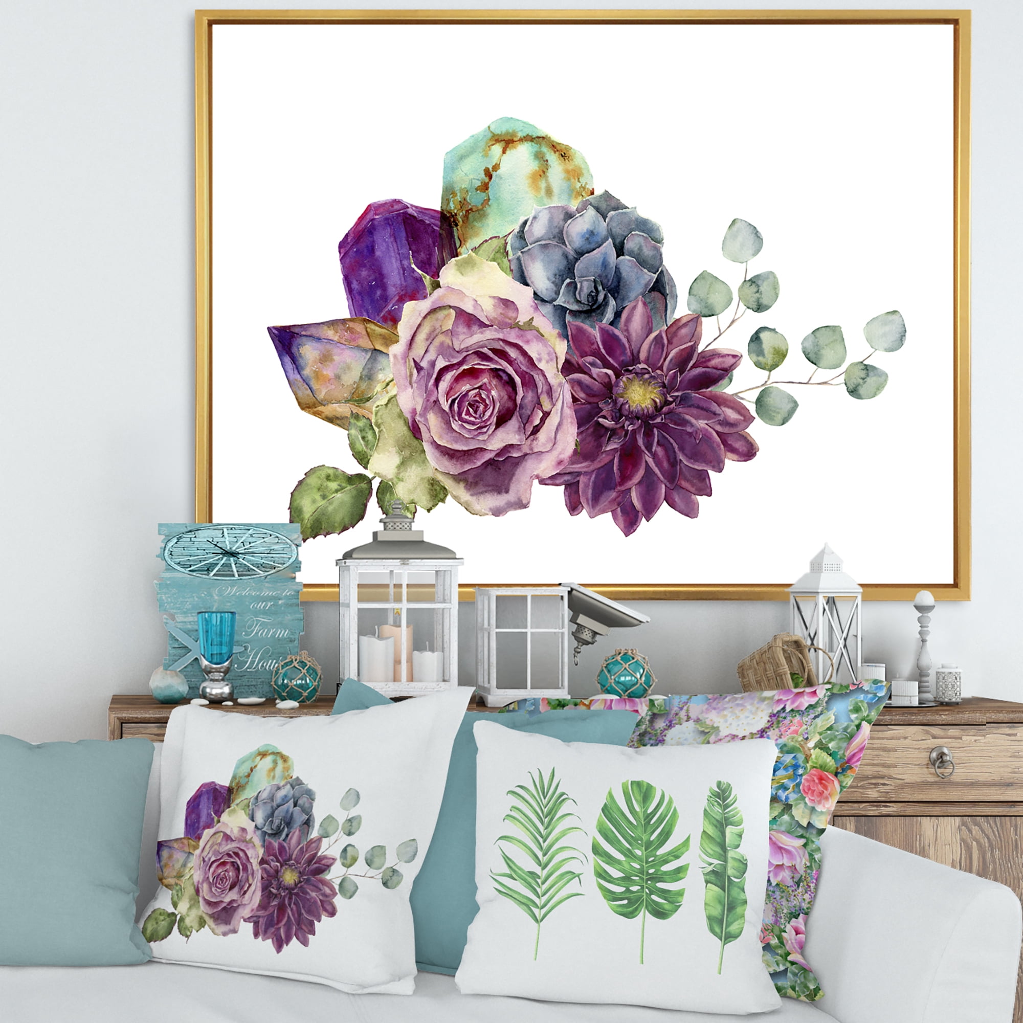 Designart 'Bouquet of Succulents Eucalyptus With Flowers' Traditional Framed Canvas Wall Art Print