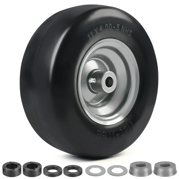 LotFancy 11x4.00-5" Flat Free Lawn Mower Tire and Wheel, Smooth Tread Tire for Zero Turn Mowers