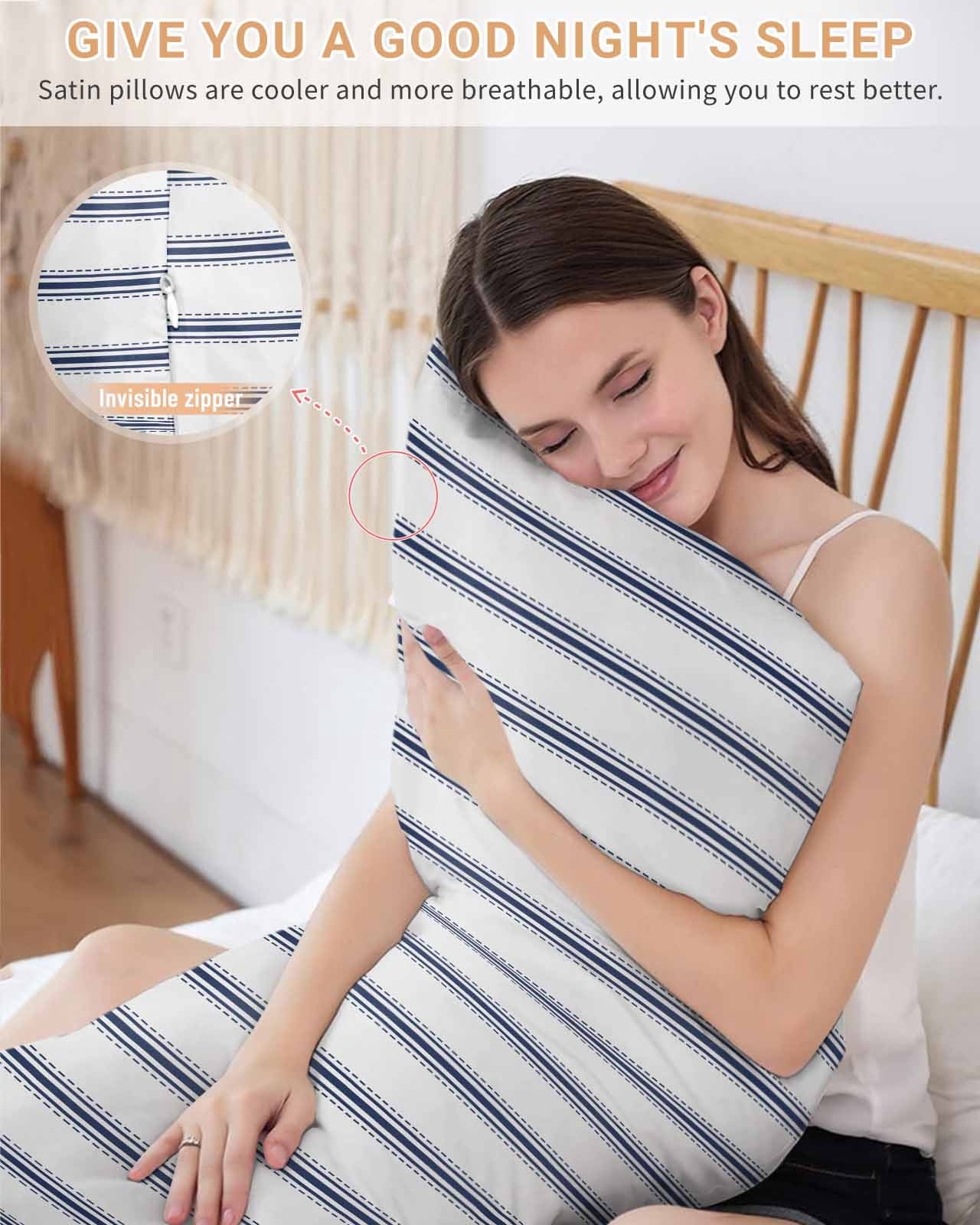 Navy Blue Striped Pillow Cases Cal King Size, Smooth Satin Pillowcase for Hair and Skin, Navy Blue White Stripes Farmhouse Decorative Cooling Bed Pillow Covers with Zipper, 20x40 Inches
