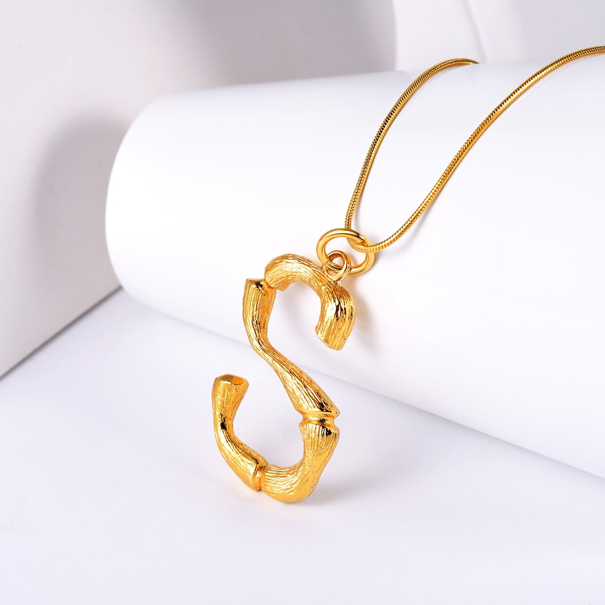 FOCALOOK Bamboo Initial Necklace for Women Oversize Letter S Pendant Capital Alphabet Statement Necklace Gold Plated