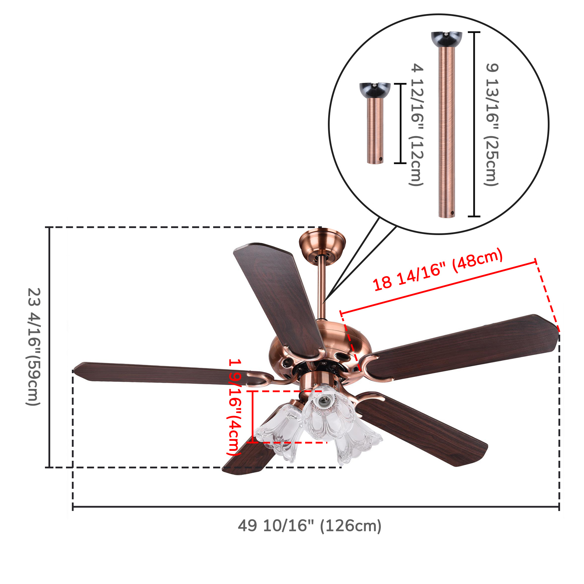 DELight 48" Blades Ceiling Fan with Light Kit Frosted Glass Downrod  Antique Copper Reversible Remote Control