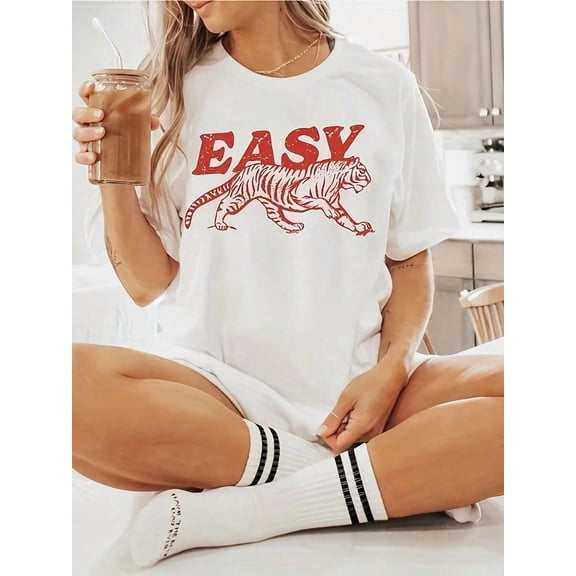 "EASY" Retro Red Tiger Graphic T-Shirt, Women's Vintage Style Tee, Bold Animal Design
