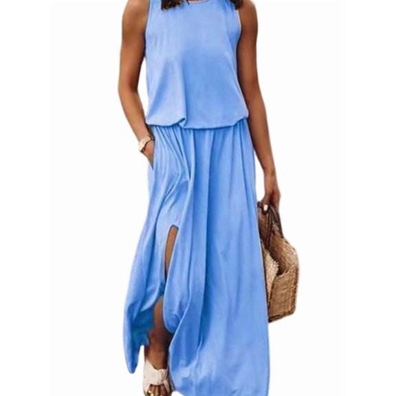 Jaimenalin Women'S Crew Neck Sleeveless Elastic Waist Slit Maxi Dress S