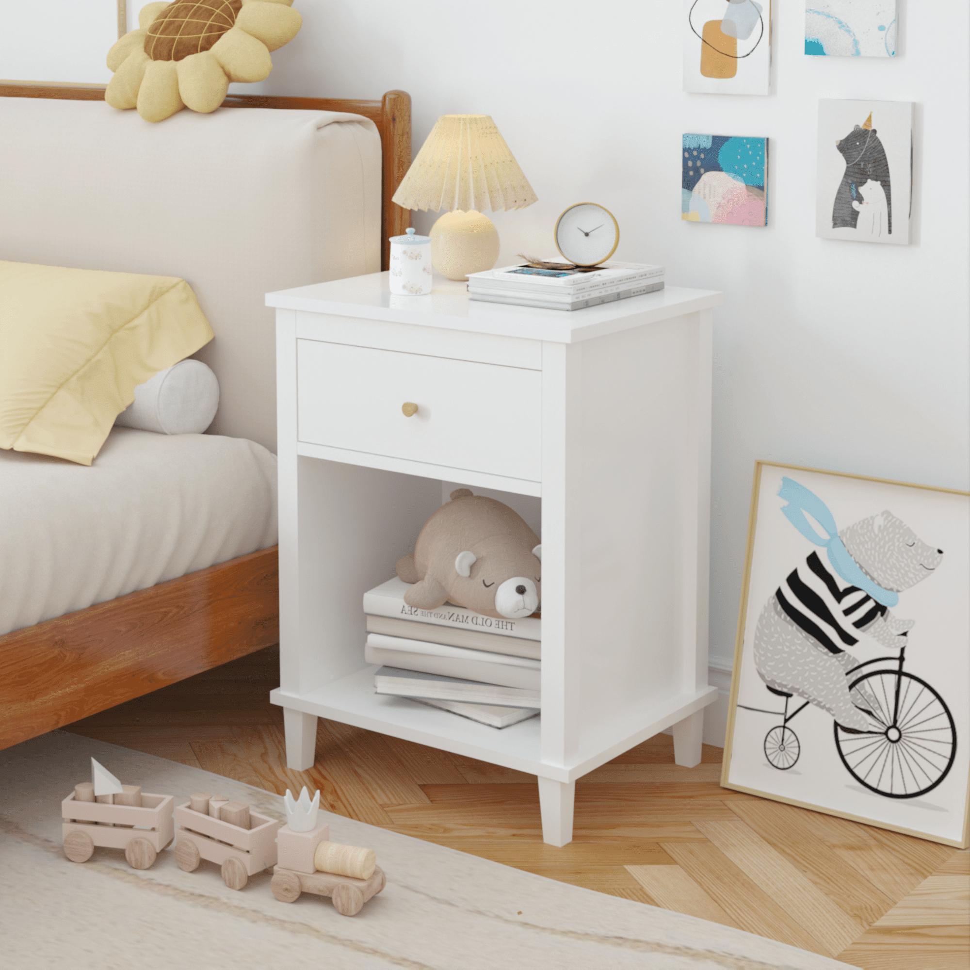 Yoneston Modern Nightstand with Drawer and Open Shelf, Simple Bedside Table for Bedroom, Kids Room, White