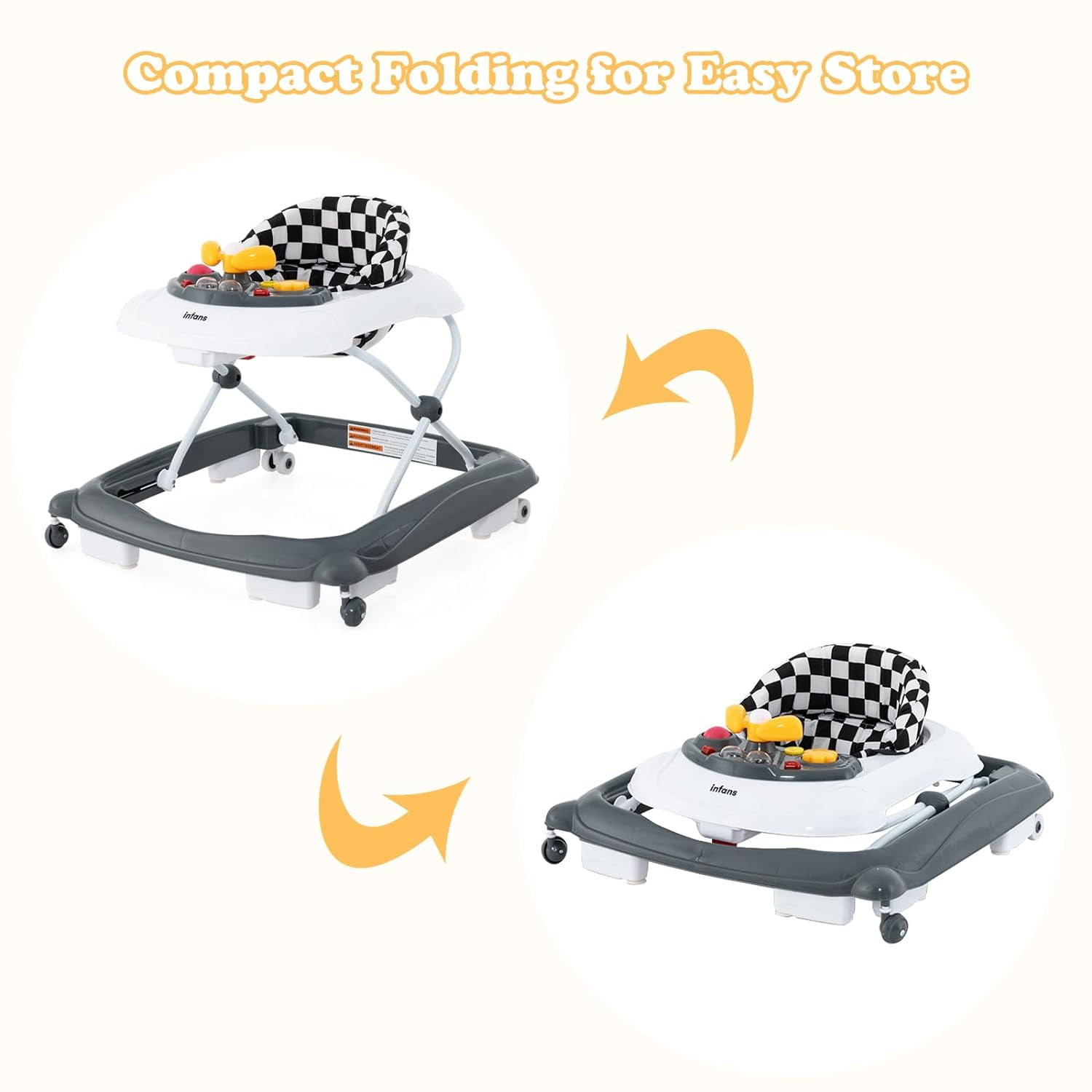 INFANS Foldable Baby Walker, 3 in 1 Toddler Walker Leaning-Seated Walk-Behind with Removable Music Tray, Adjustable Height, Washable Seat Cushion for Boys and Girls