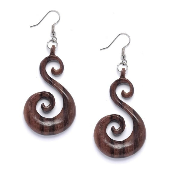 81stgeneration Spiral Wooden Handmade Earrings with 925 Sterling Silver Hooks - Tribal Swirl Wood Dangle Earrings - Brown Earrings for Women - Simple Boho Earrings - Festival Jewellery