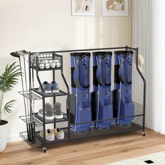 ZIVACATE Golf Storage Garage Organizer, Extra Large Size Golf Bag Stand for Golf Bags, Clubs, Balls, Golf Equipment Accessories, Golf Bag Storage Rack with Wheels for Basement(Fits 3 Golf Bags)