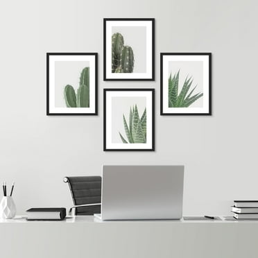 PixonSign Framed Wall Art, Green Cactus Snake Plant Posters, Set of 4 Collage Desert Landscape Prints Wall Decor, Nature Wilderness Artwork Wall Décor for Living Room, Bedroom - 12"x16" Black