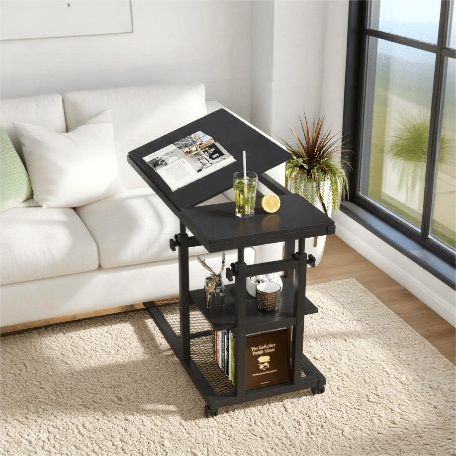 Fnova Mobile Side Table with Wheels, Snack Tray, Height-Adjustable C-Shape Desk, Tiltable Drawing Board, Laptop Stand, Storage Shelves for Living Room, Bedside Table for Couch