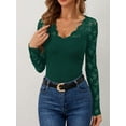 thumbnail image 3 of Women'S Floral Embroidery Mesh Lace V Neck Long Sleeve Top Dark Green L, 3 of 7