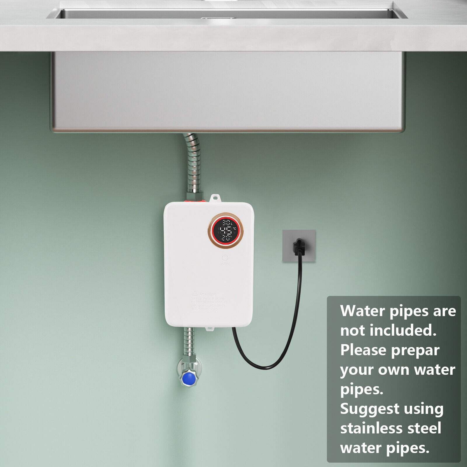 3KW Electric Tankless Water Heater Instant Hot Shower Kitchen Heater LED Display