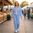 thumbnail image 6 of Szluipve 2 Piece Sets for Women 2 Piece Tracksuit Outfit Striped Side Zip‑Up Collar Jacket & Wide Leg Pants Set Ribbed Knit Casual Loungewear Suit for Daily Vacation Sky Blue L, 6 of 8