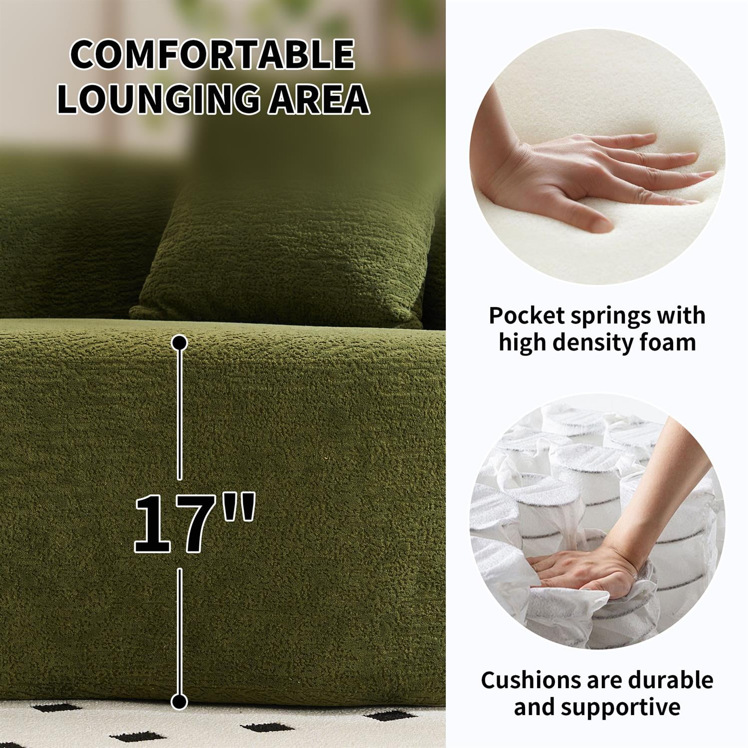 Demi Bonn 110"L Modular Sectional Sofa with Full Compression Sponge, Curved Design, High-Density Chenille Sleeper Couch for Living Room, 800 lbs Capacity, Green
